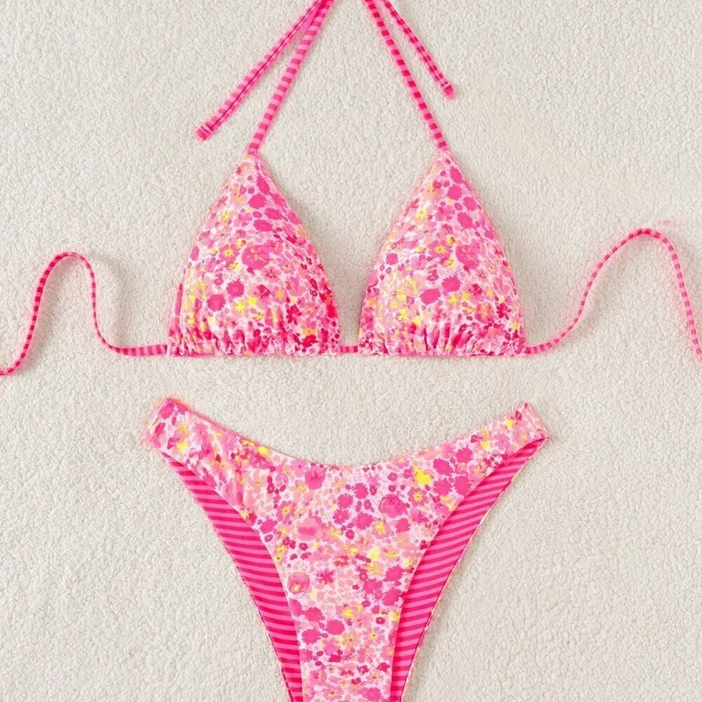 Pink Sexy Women's Reversible Print Bikini Set